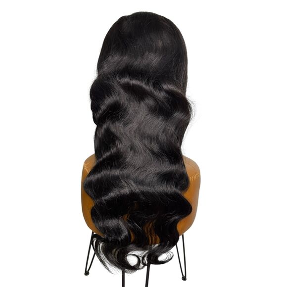 28” Long Human Hair Wig Wavy Front Lace Natural Black Full Glueless - Picture 4 of 10